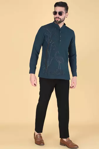 Teal blue hand embroidered Long sleeve shirt for men