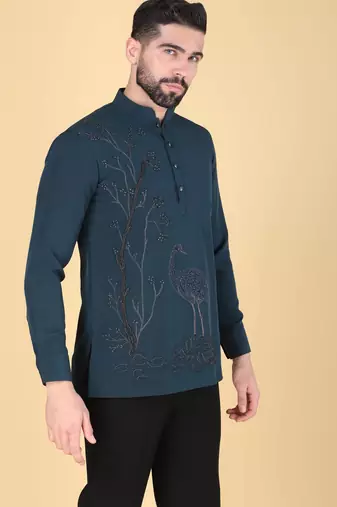 Teal blue hand embroidered Long sleeve shirt for men