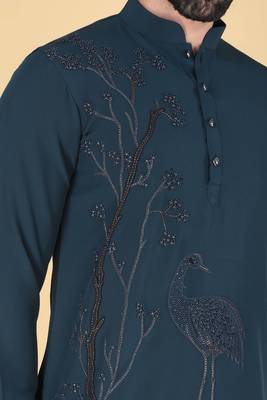 Teal blue hand embroidered Long sleeve shirt for men 4