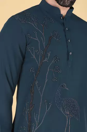Teal blue hand embroidered Long sleeve shirt for men