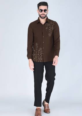 Mehendi green hand embroidered Long sleeve shirt for men 2