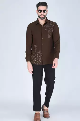 Mehendi green hand embroidered Long sleeve shirt for men
