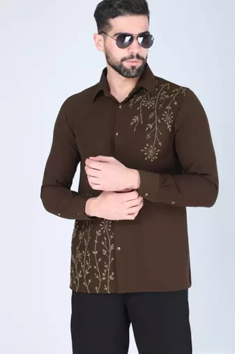 Mehendi green hand embroidered Long sleeve shirt for men