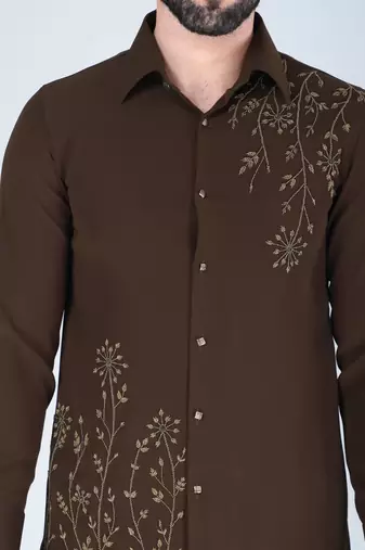Mehendi green hand embroidered Long sleeve shirt for men