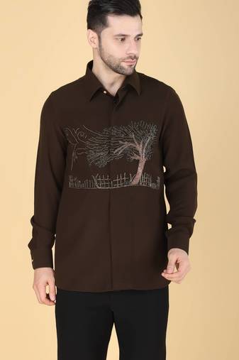 Mehendi green hand embroidered Long sleeve shirt for men