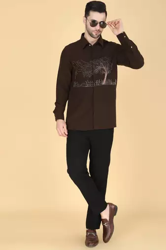 Mehendi green hand embroidered Long sleeve shirt for men