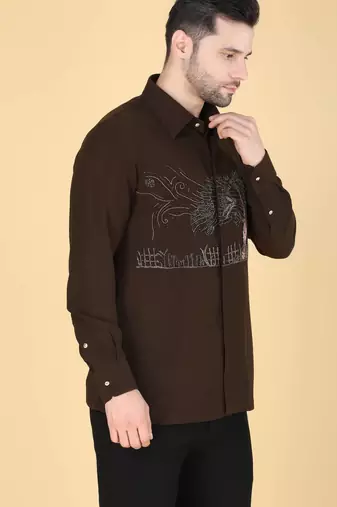 Mehendi green hand embroidered Long sleeve shirt for men