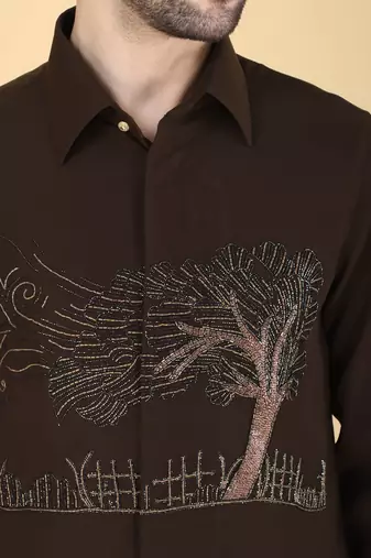 Mehendi green hand embroidered Long sleeve shirt for men