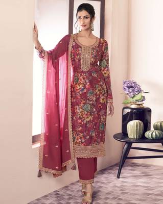 Red embroidered chinon salwar suit 1