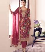 Red embroidered chinon semi-pakistani salwar suit