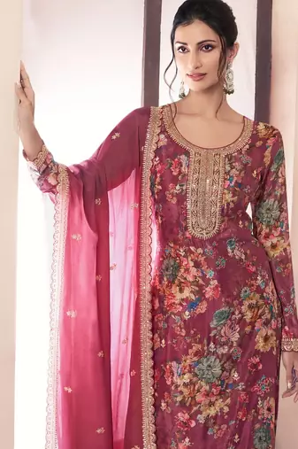Red embroidered chinon salwar suit