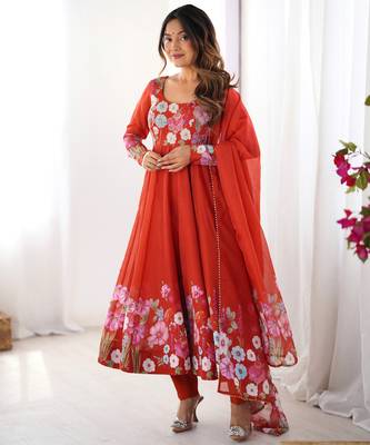 Floral Printed Organza Anarkali Kurta With Cotton Silk Pant And Dupatta. 1