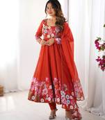 Floral Printed Organza Anarkali Kurta With Cotton Silk Pant And Dupatta.