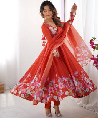 Floral Printed Organza Anarkali Kurta With Cotton Silk Pant And Dupatta. 2