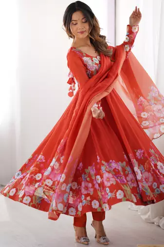 Floral Printed Organza Anarkali Kurta With Cotton Silk Pant And Dupatta.