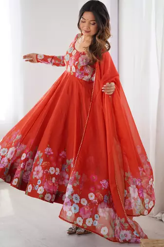 Floral Printed Organza Anarkali Kurta With Cotton Silk Pant And Dupatta.