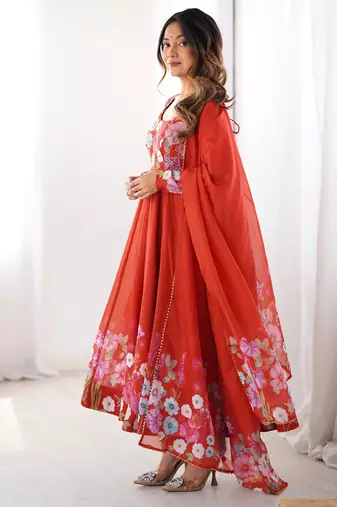 Floral Printed Organza Anarkali Kurta With Cotton Silk Pant And Dupatta.