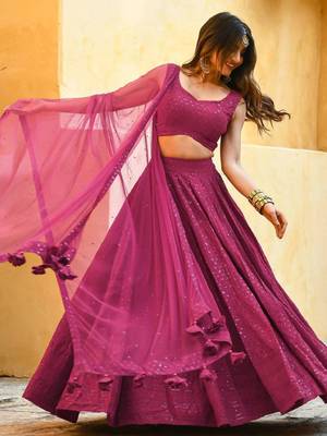 pink sequins & thread embroidered georgette fabric engagement wear bridesmaid indian wedding lehenga dress 1