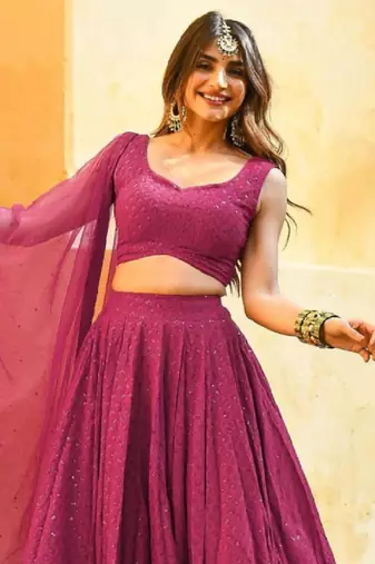 pink sequins & thread embroidered georgette fabric engagement wear bridesmaid indian wedding lehenga dress