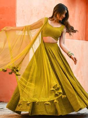 fabulous Mustard yellow sequins and thread embroidered georgette reception indian wedding bridal lehenga choli dress 1
