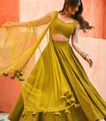 fabulous Mustard yellow sequins and thread embroidered georgette reception indian wedding bridal lehenga choli dress