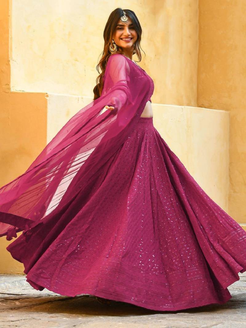 pink sequins & thread embroidered georgette fabric engagement wear bridesmaid indian wedding lehenga dress