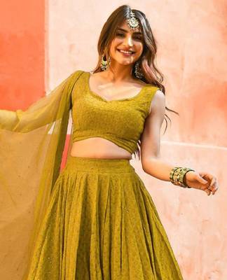 fabulous Mustard yellow sequins and thread embroidered georgette reception indian wedding bridal lehenga choli dress 2