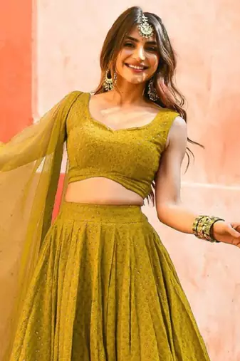 fabulous Mustard yellow sequins and thread embroidered georgette reception indian wedding bridal lehenga choli dress