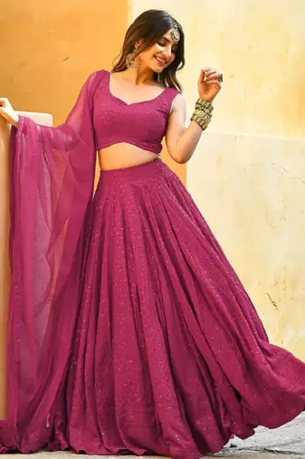pink sequins & thread embroidered georgette fabric engagement wear bridesmaid indian wedding lehenga dress