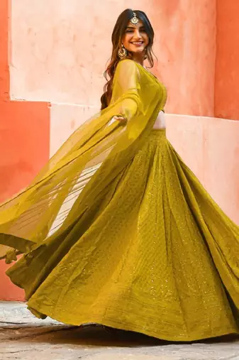 fabulous Mustard yellow sequins and thread embroidered georgette reception indian wedding bridal lehenga choli dress