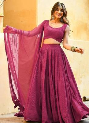 pink sequins & thread embroidered georgette fabric engagement wear bridesmaid indian wedding lehenga dress 5