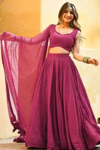 pink sequins & thread embroidered georgette fabric engagement wear bridesmaid indian wedding lehenga dress
