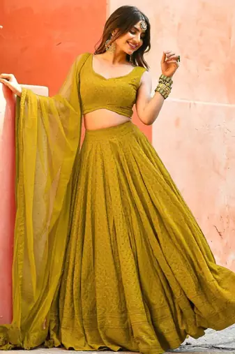 fabulous Mustard yellow sequins and thread embroidered georgette reception indian wedding bridal lehenga choli dress