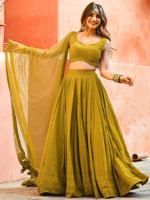 fabulous Mustard yellow sequins and thread embroidered georgette reception indian wedding bridal lehenga choli dress 5