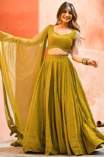 fabulous Mustard yellow sequins and thread embroidered georgette reception indian wedding bridal lehenga choli dress