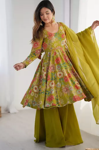 Roman Silk Printed Fully Flair Kurta With Dupatta & Palazzo