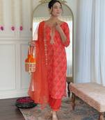 Red French Crepe Straight Kurta, Pant and Dupatta Set
