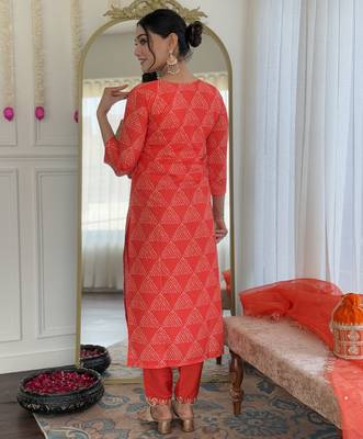 Red French Crepe Straight Kurta Pant and Dupatta Set 2