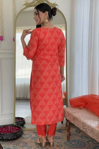 Red French Crepe Straight Kurta Pant and Dupatta Set