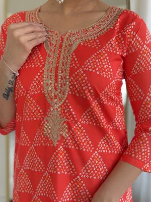 Red French Crepe Straight Kurta Pant and Dupatta Set 4