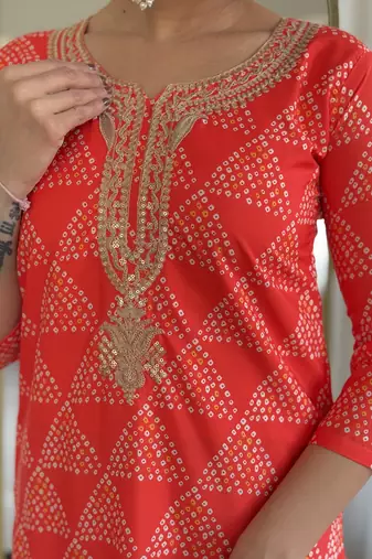 Red French Crepe Straight Kurta Pant and Dupatta Set