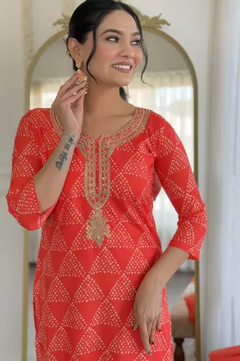 Red French Crepe Straight Kurta Pant and Dupatta Set