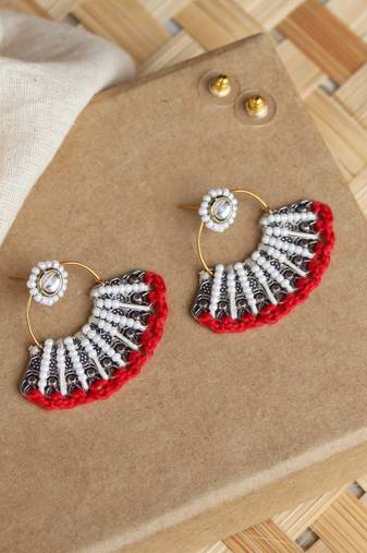 Red & white beads pankhi earring