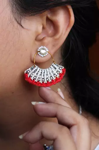Red & white beads pankhi earring