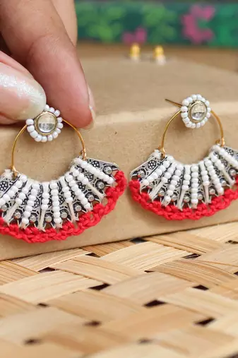 Red & white beads pankhi earring