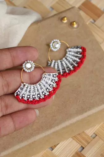 Red & white beads pankhi earring