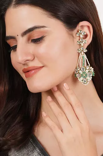 Gold tone green beads kundan kanauti earrings