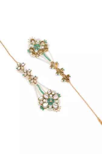 Gold tone green beads kundan kanauti earrings