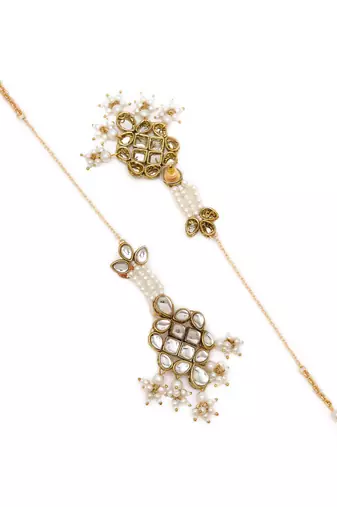 Gold tone white beads kundan kanauti earrings