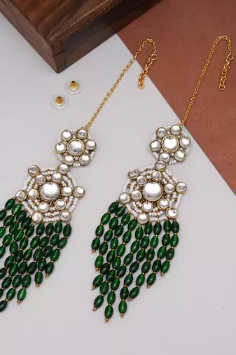 Gold tone green dangling beads kundan kanauti earrings